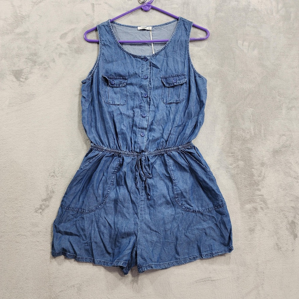 CI SONO Romper Womens M Blue Chambray Sleeveless Button Front Drawstring Utility